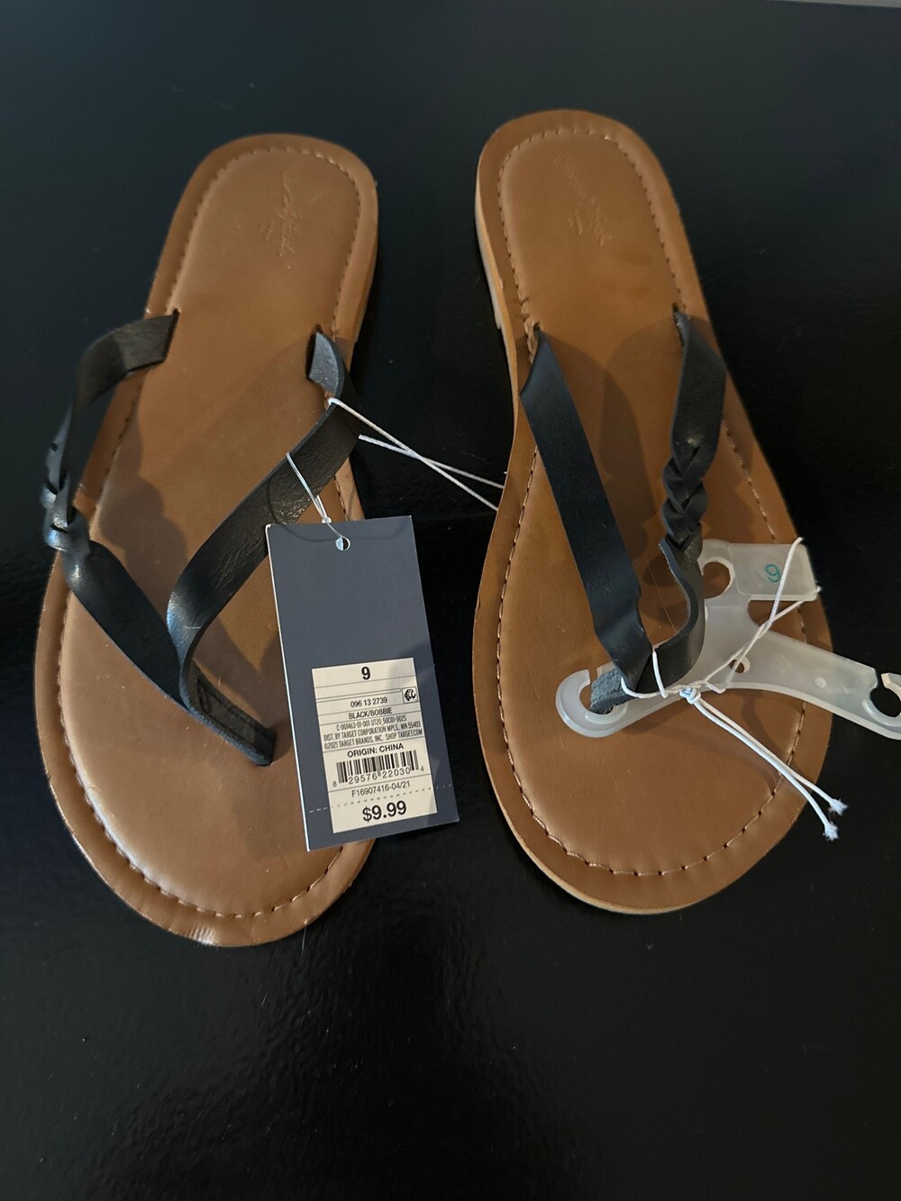 Target Black Bobbie Sandals Size 9 Black Braided Straps Brown Footbed